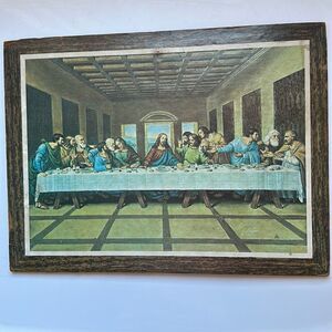 Vintage Mid Century print of The Last Supper on particle board wall hanging